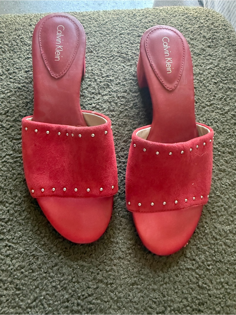 Calvin Klein Red Suede Slide Mules with Silver Studs